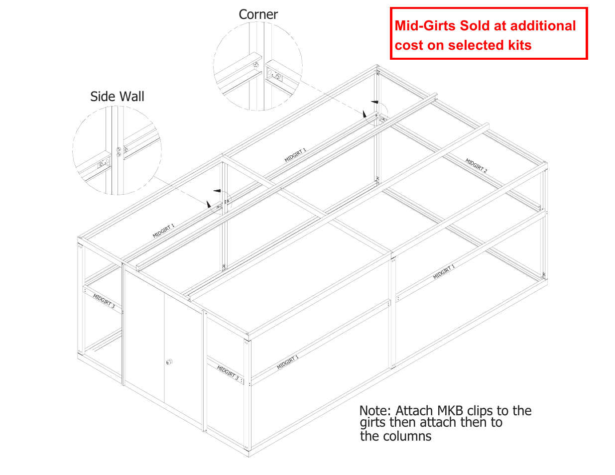 Mid-girts sold at additional cost on selected kits, Side wall corner | Mueller 12x21 DIY KIT FOR SLAB User Manual | Page 16 / 25