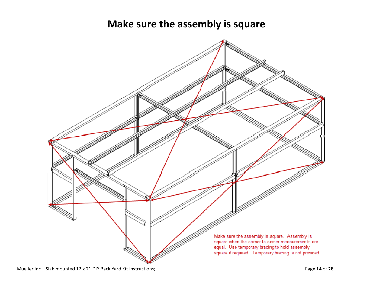 Make sure the assembly is square | Mueller 12x21 (DIY) with Optional Center Girts User Manual | Page 14 / 28