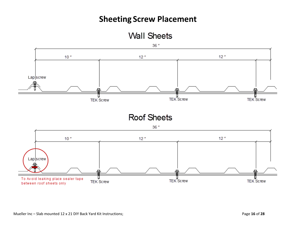 Sheeting, Screw placement | Mueller 12x21 (DIY) with Optional Center Girts User Manual | Page 16 / 28