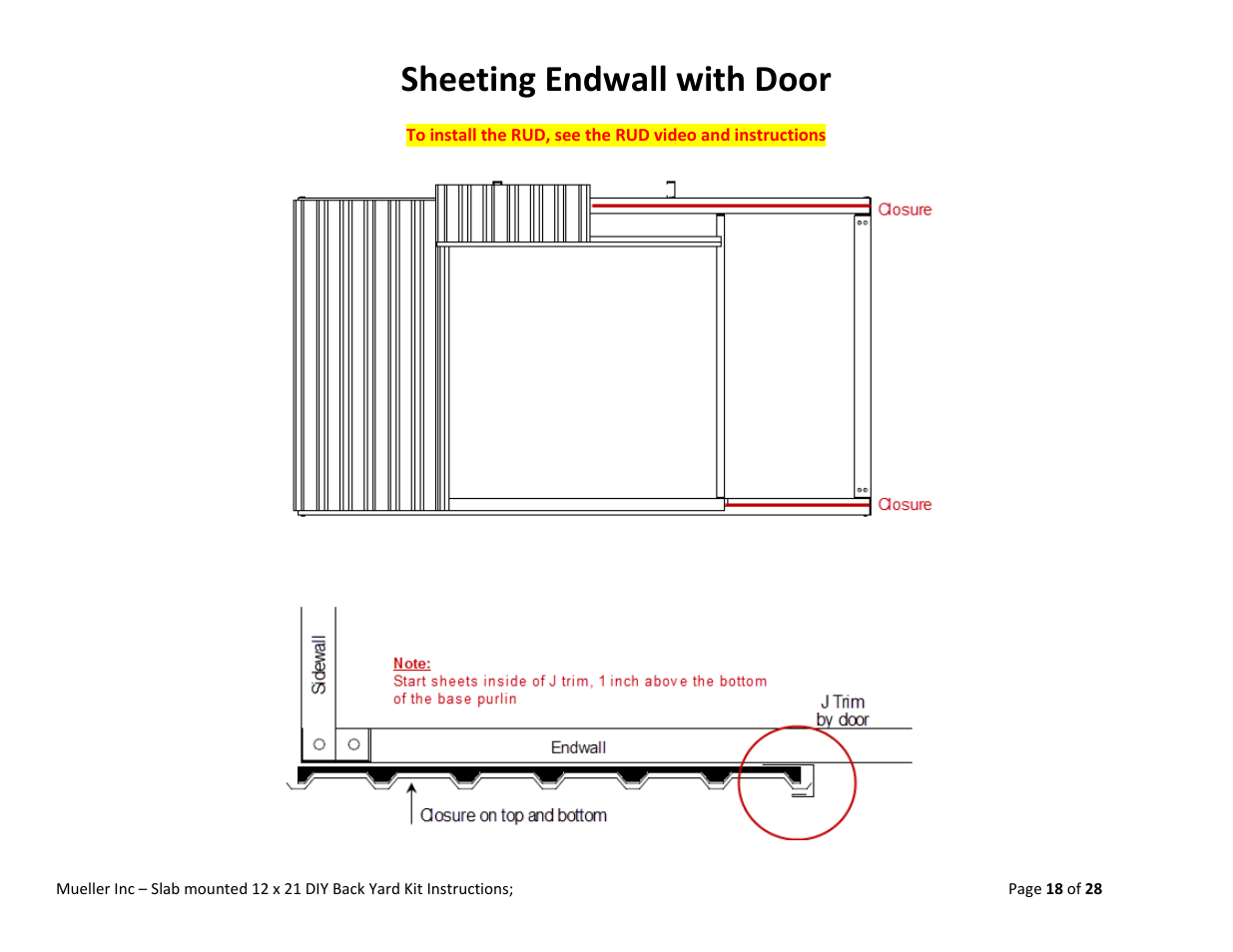 Sheeting endwall with door | Mueller 12x21 (DIY) with Optional Center Girts User Manual | Page 18 / 28
