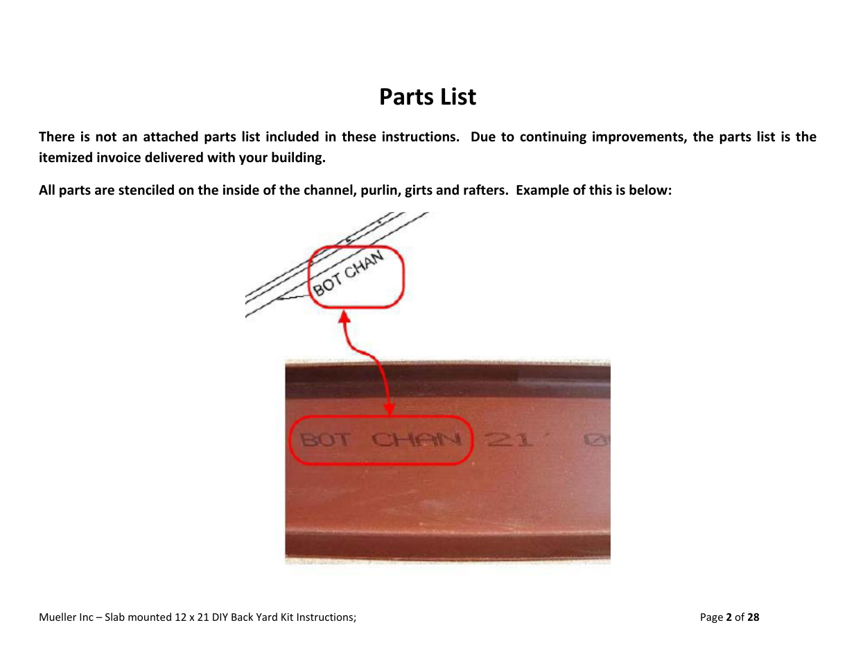 Parts list | Mueller 12x21 (DIY) with Optional Center Girts User Manual | Page 2 / 28