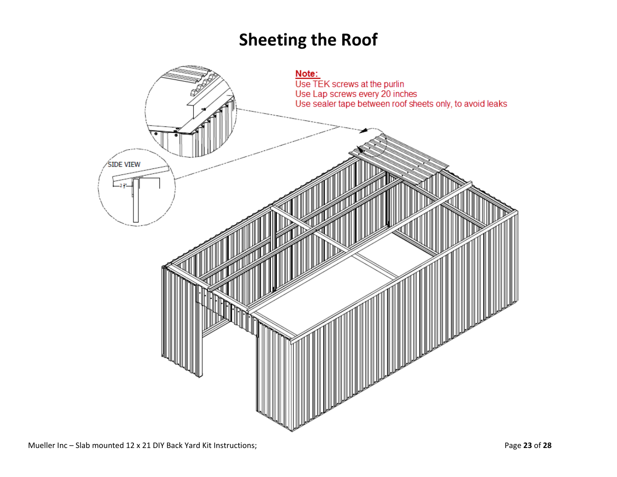 Sheeting the roof | Mueller 12x21 (DIY) with Optional Center Girts User Manual | Page 23 / 28