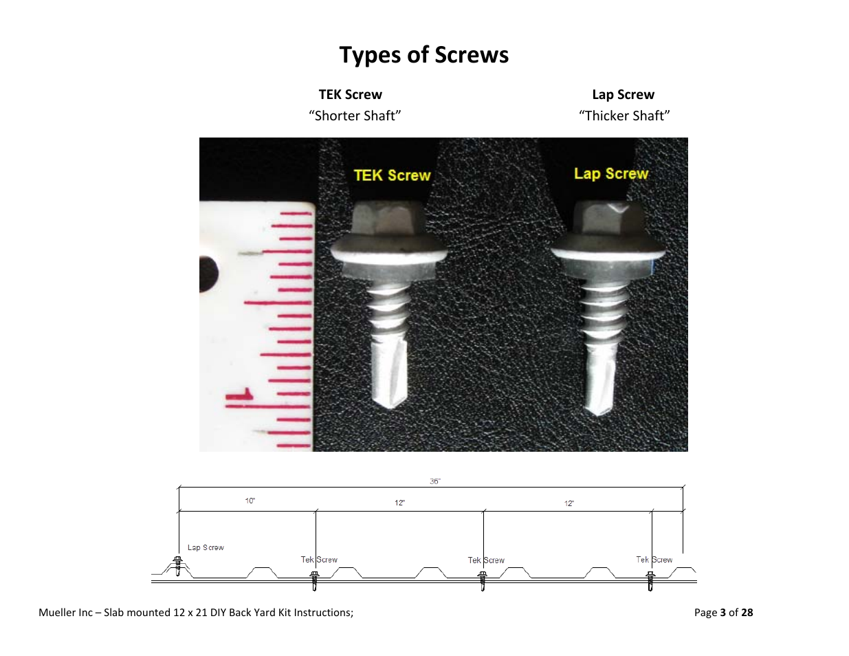 Types of screws | Mueller 12x21 (DIY) with Optional Center Girts User Manual | Page 3 / 28