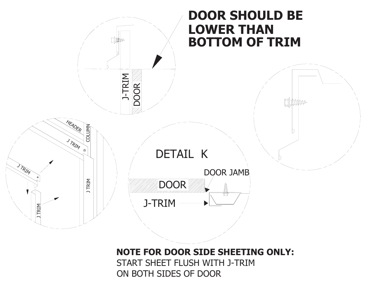 Door should be lower than bottom of trim, Detail k, Door j-trim | Door jamb | Mueller 18x21 DIY KIT FOR SLAB User Manual | Page 5 / 23