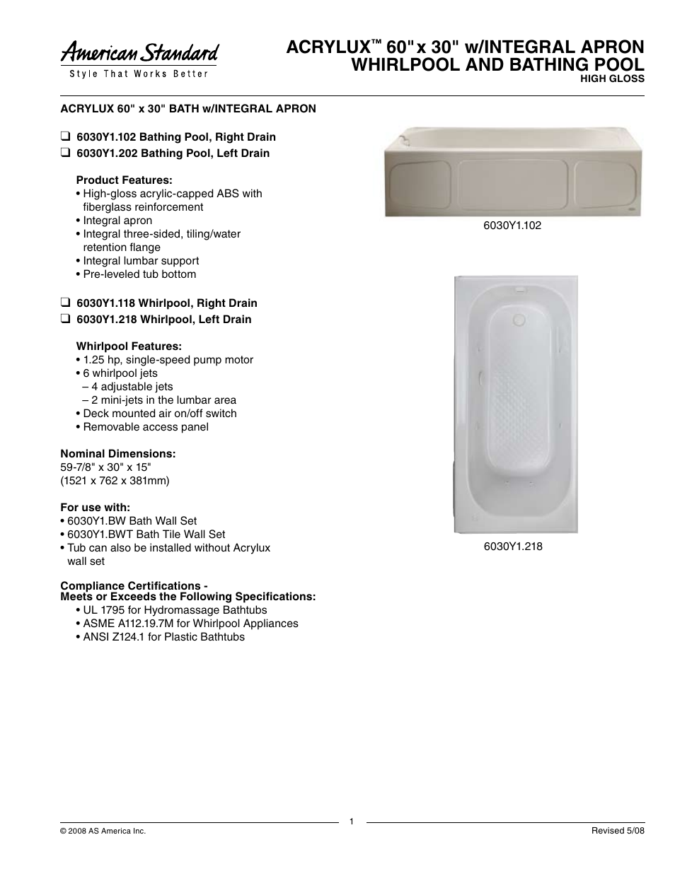 American Standard ACRYLUX 6030Y1.202 User Manual | 2 pages