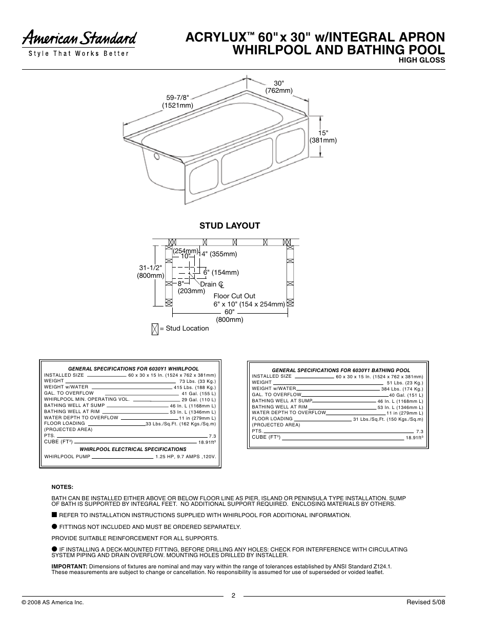 Acrylux, Stud layout | American Standard ACRYLUX 6030Y1.202 User Manual | Page 2 / 2