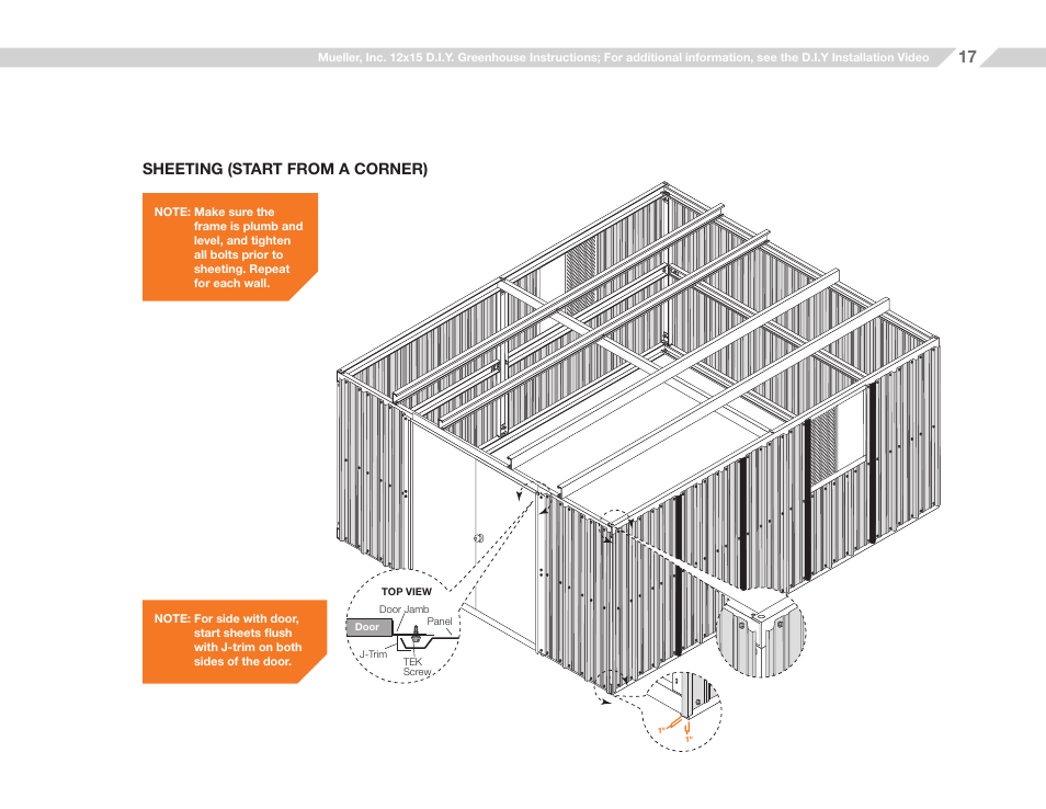 Sheeting (start from a corner) | Mueller 12x15 D.I.Y. Greenhouse User Manual | Page 17 / 23