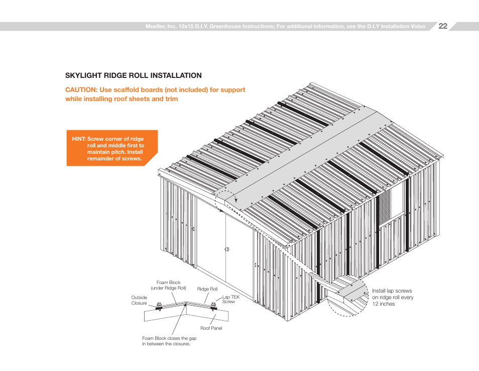 Skylight ridge roll installation | Mueller 12x15 D.I.Y. Greenhouse User Manual | Page 22 / 23