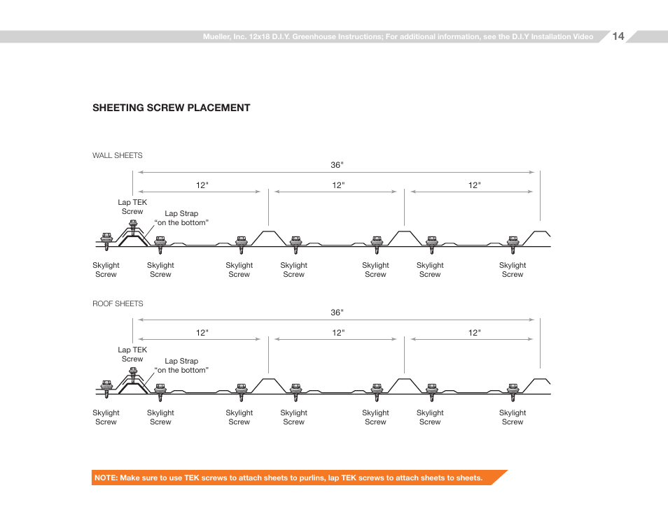 Sheeting screw placement | Mueller 12x18 D.I.Y. Greenhouse User Manual | Page 14 / 23