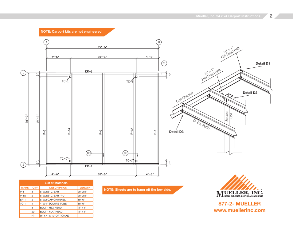Mueller 20x20 Carport User Manual | Page 2 / 9