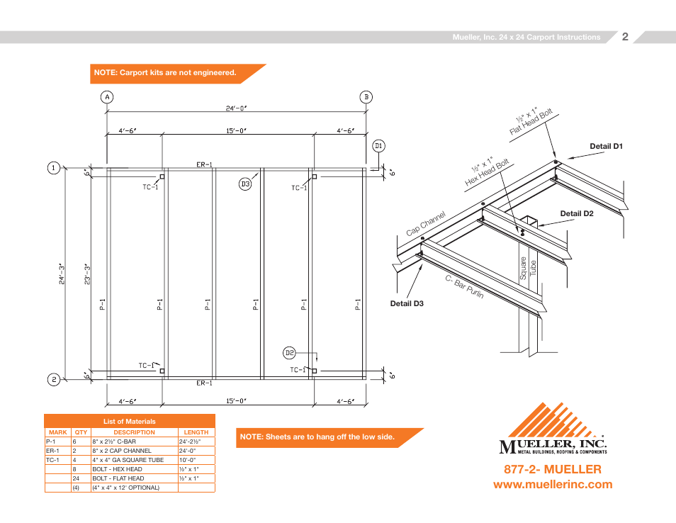 Mueller 24x24 Carport User Manual | Page 2 / 9