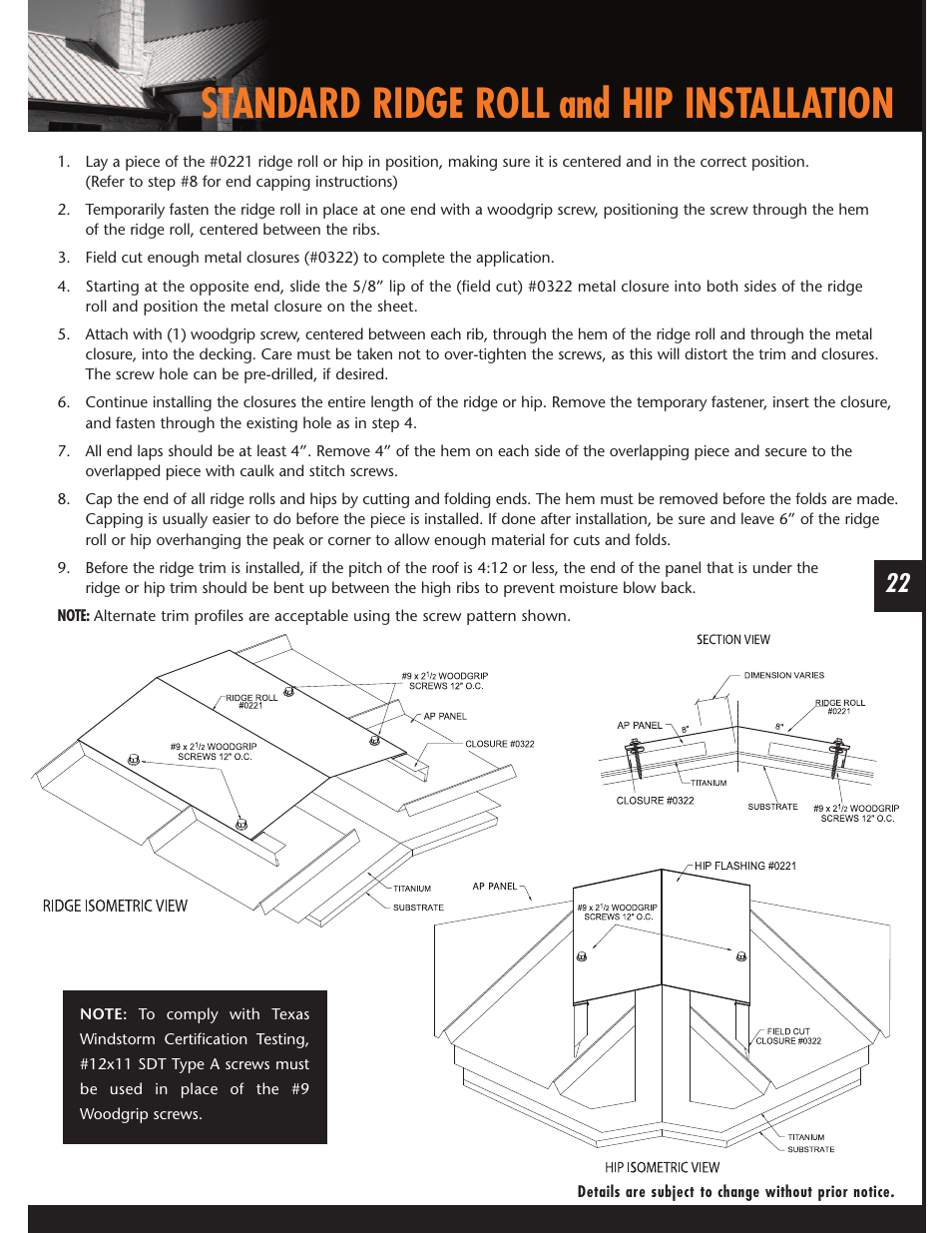 Standard ridge roll and hip installation | Mueller AP Panel User Manual | Page 22 / 29