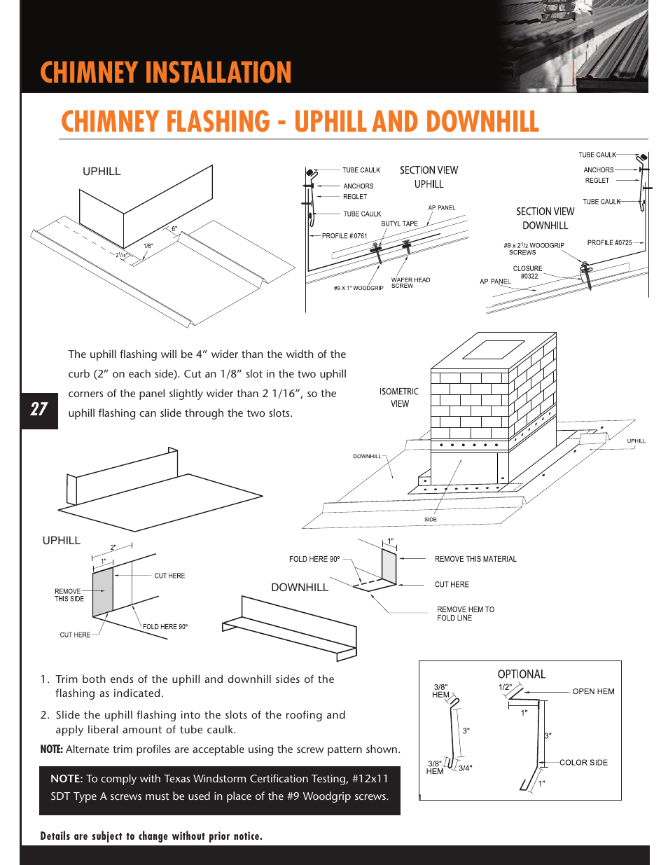 Chimney installation, Chimney flashing - uphill and downhill | Mueller AP Panel User Manual | Page 27 / 29