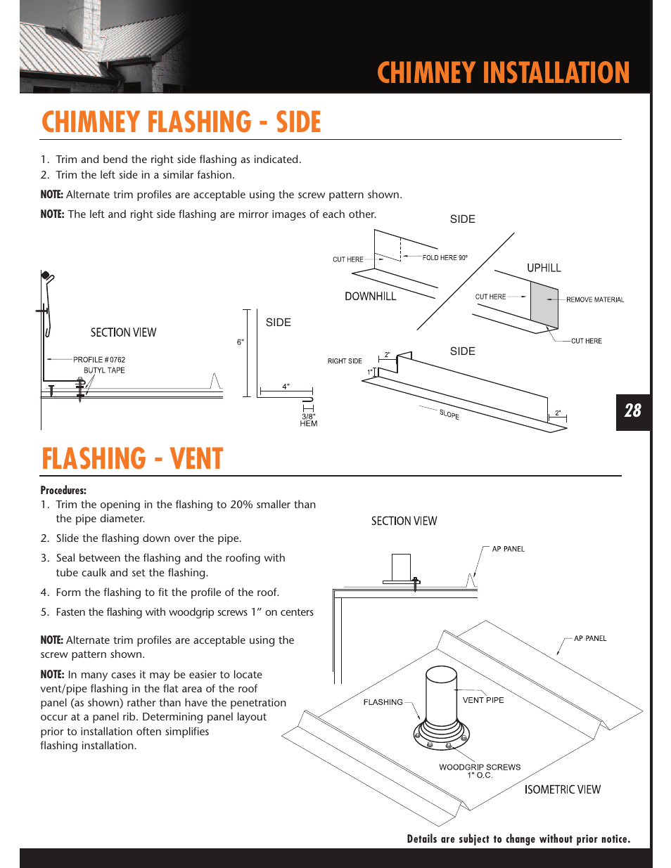 Chimney installation, Chimney flashing - side flashing - vent | Mueller AP Panel User Manual | Page 28 / 29