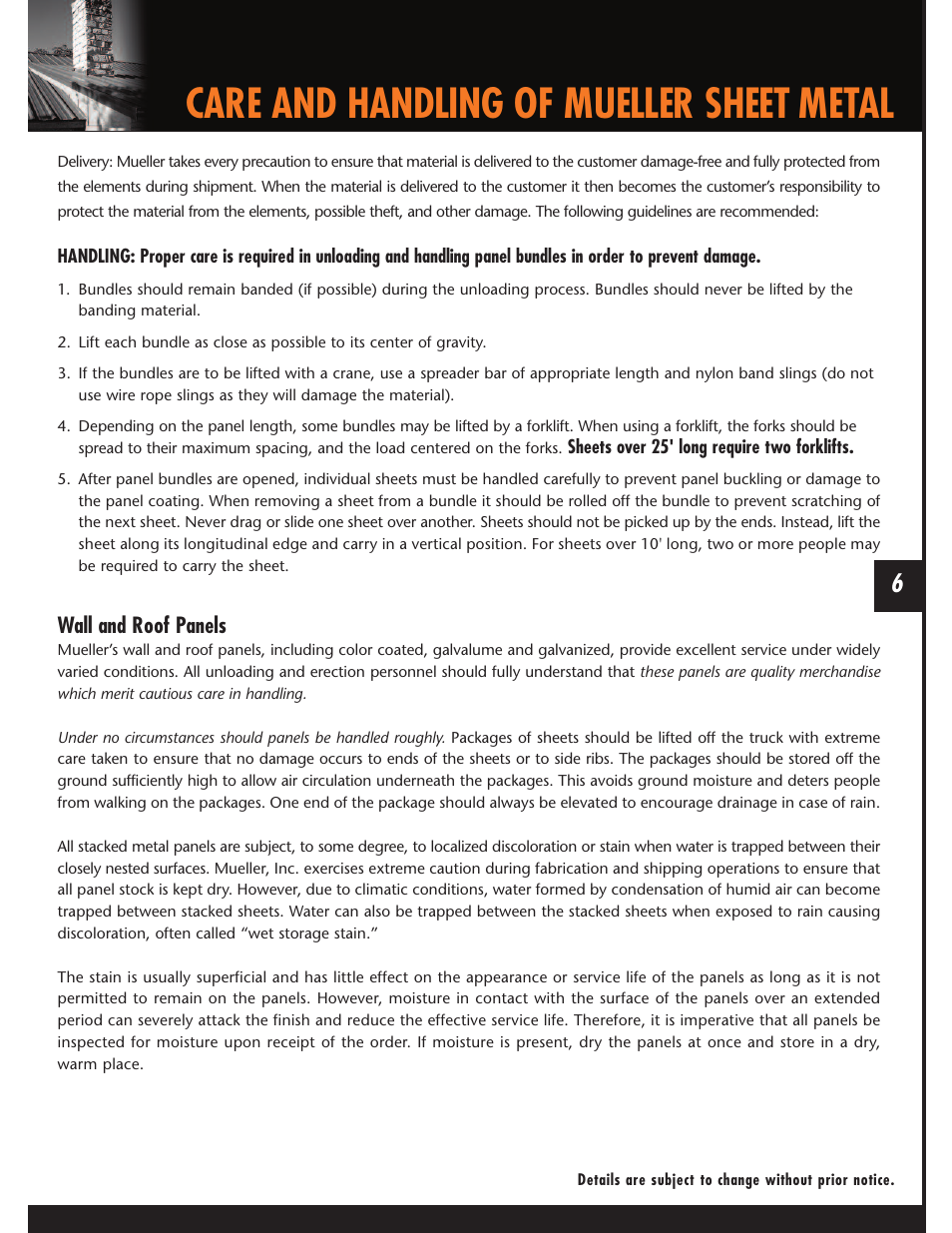 Care and handling of mueller sheet metal, Wall and roof panels | Mueller AP Panel User Manual | Page 6 / 29