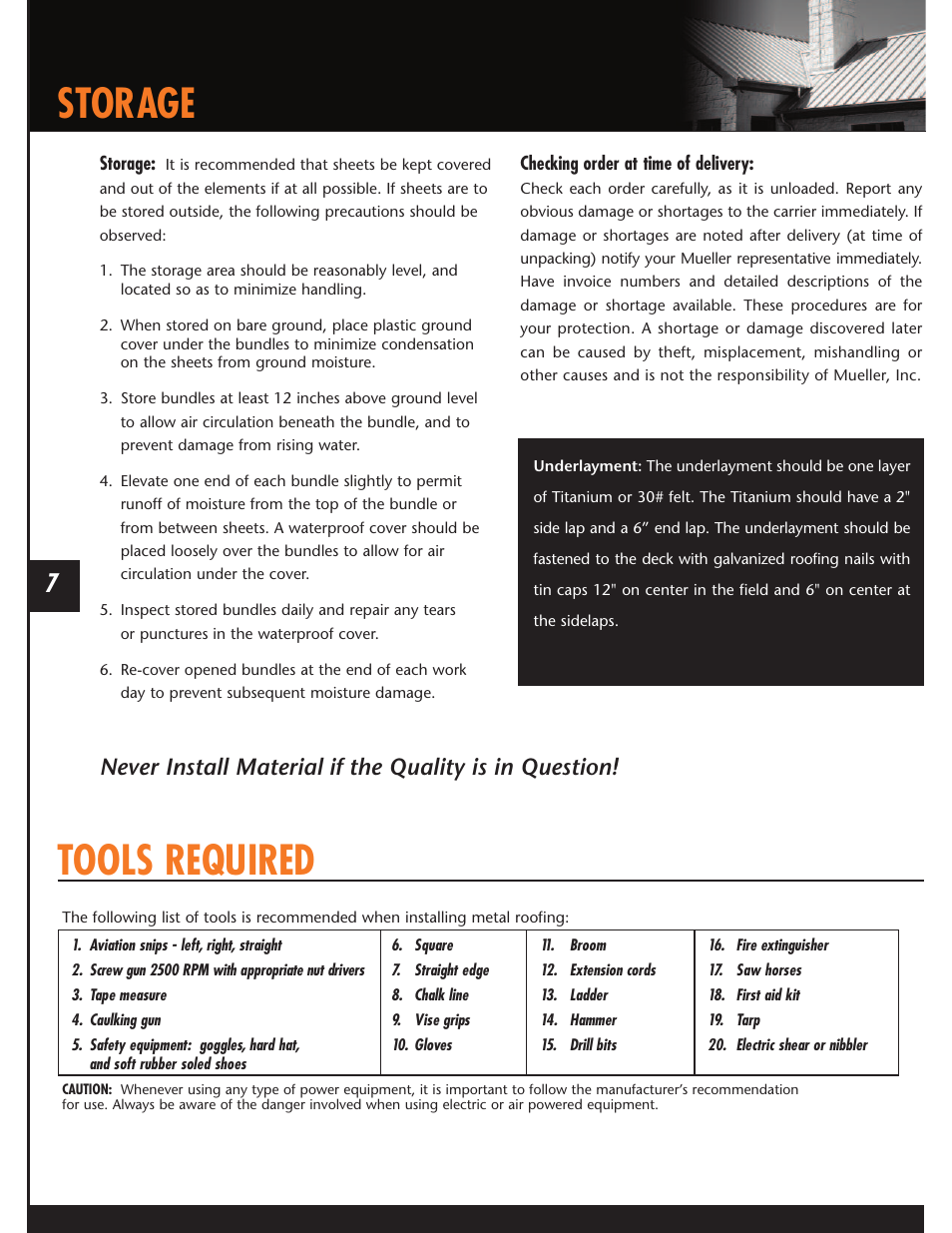 Storage, Tools required | Mueller AP Panel User Manual | Page 7 / 29