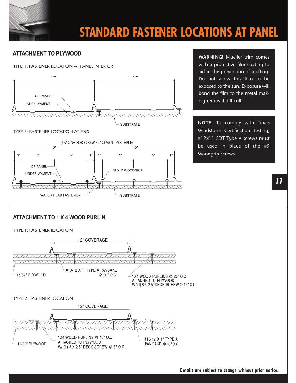 Standard fastener locations at panel | Mueller CF Panel User Manual | Page 11 / 28