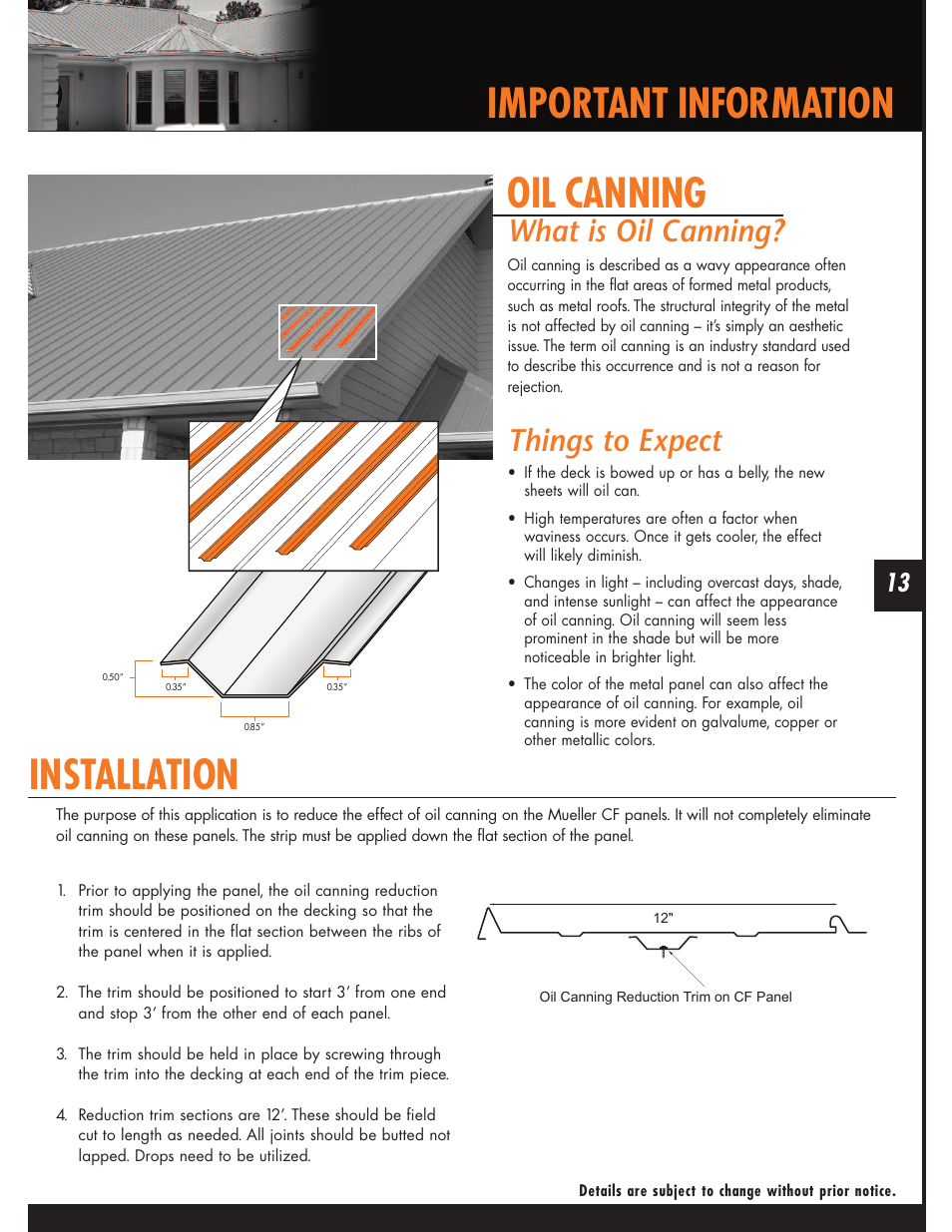 Installation, Oil canning, Important information | What is oil canning, Things to expect | Mueller CF Panel User Manual | Page 13 / 28