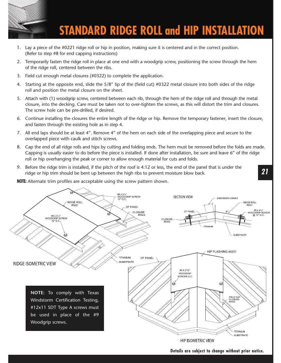 Standard ridge roll and hip installation | Mueller CF Panel User Manual | Page 21 / 28