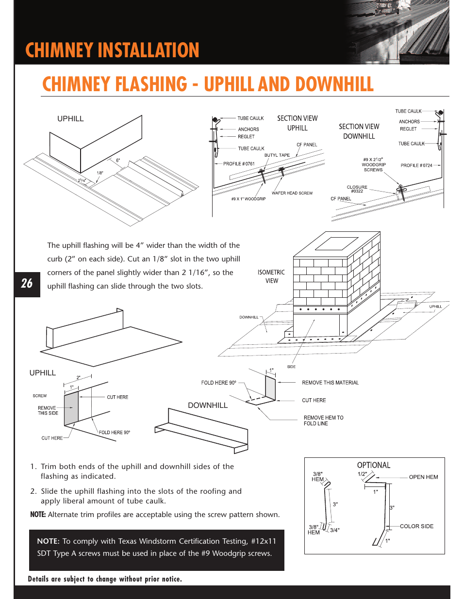 Chimney installation, Chimney flashing - uphill and downhill | Mueller CF Panel User Manual | Page 26 / 28