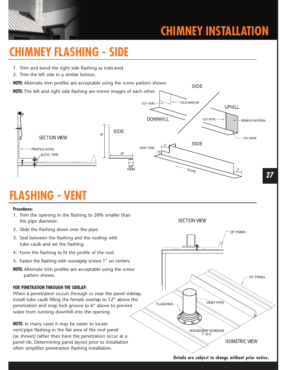 Chimney installation, Chimney flashing - side flashing - vent | Mueller CF Panel User Manual | Page 27 / 28