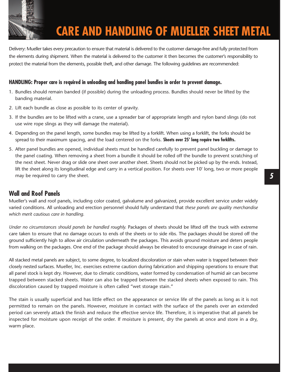 Care and handling of mueller sheet metal, Wall and roof panels | Mueller CF Panel User Manual | Page 5 / 28