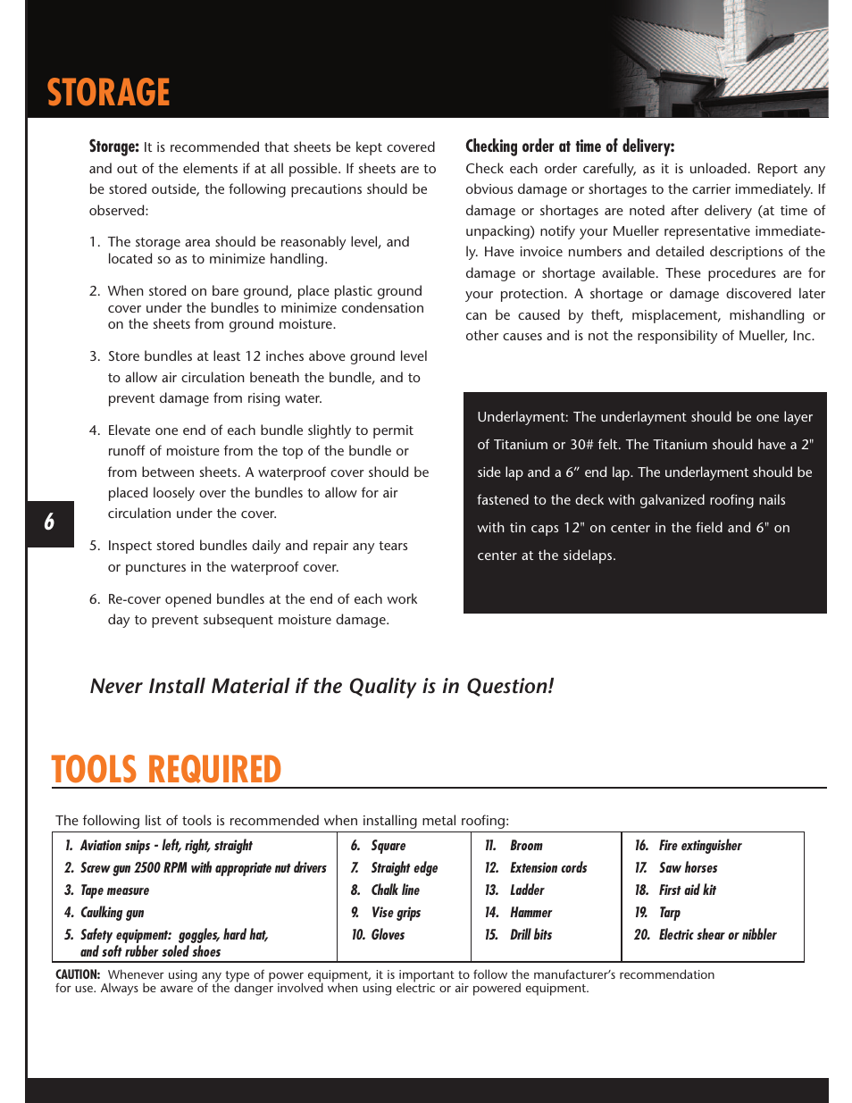 Storage, Tools required | Mueller CF Panel User Manual | Page 6 / 28