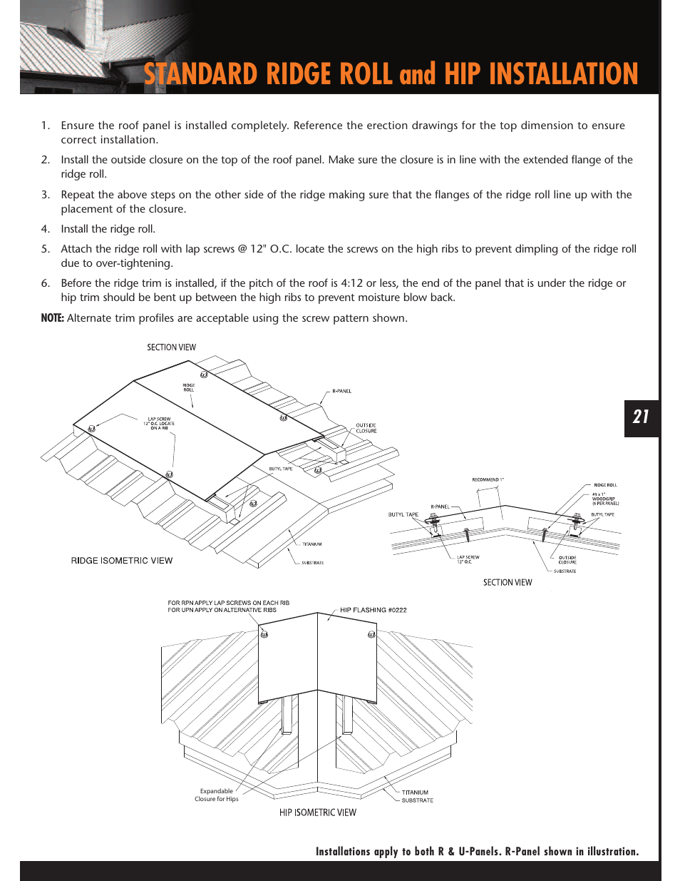 Standard ridge roll and hip installation | Mueller U-Panel User Manual | Page 21 / 28