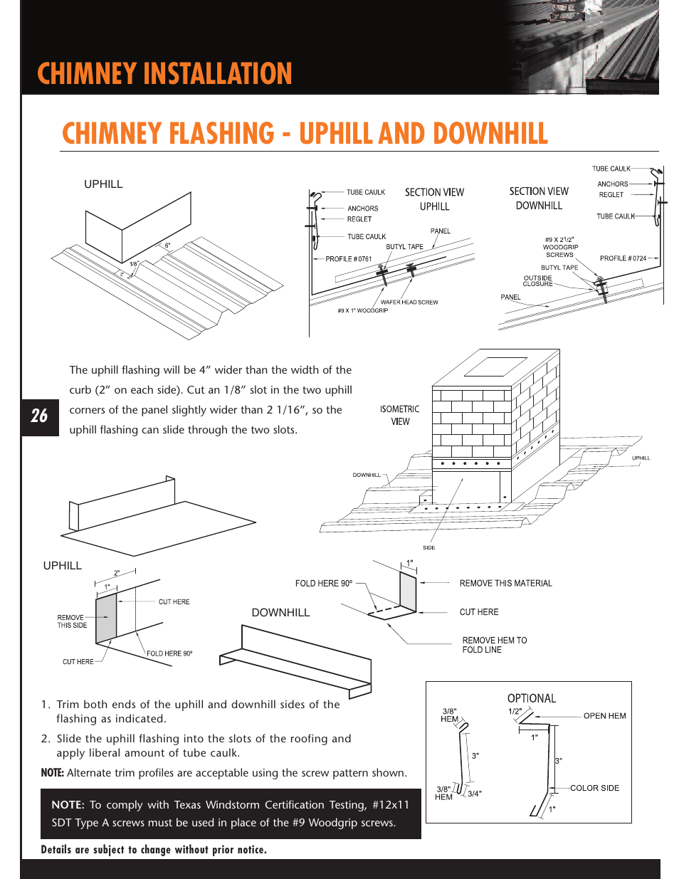 Chimney installation, Chimney flashing - uphill and downhill | Mueller U-Panel User Manual | Page 26 / 28