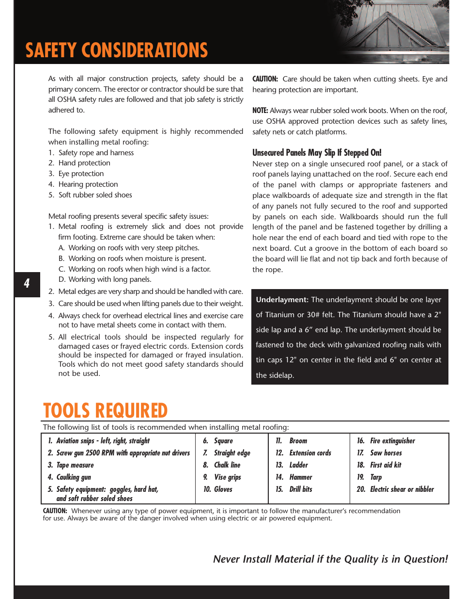 Safety considerations, Tools required | Mueller U-Panel User Manual | Page 4 / 28