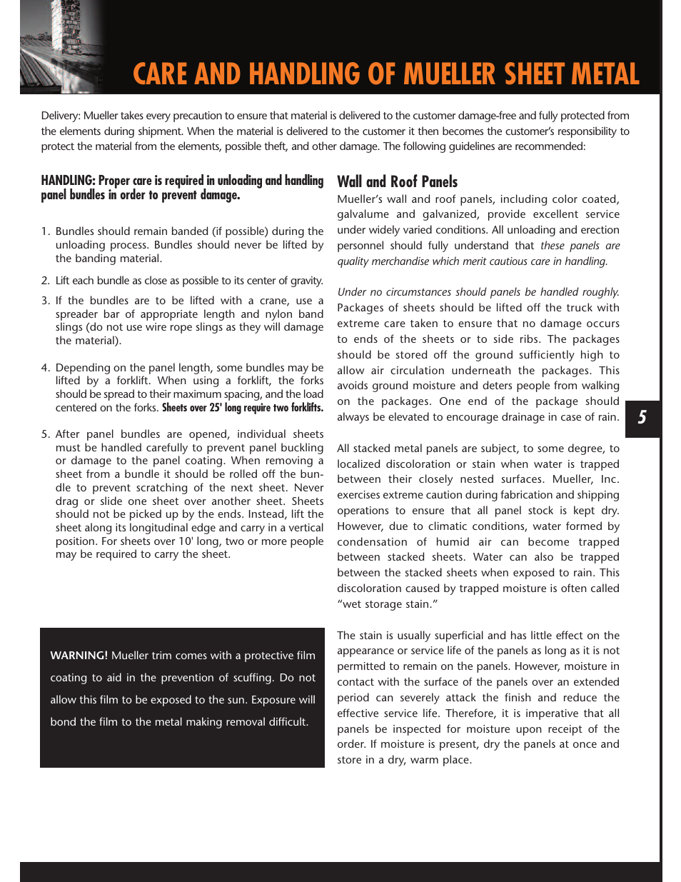 Care and handling of mueller sheet metal, Wall and roof panels | Mueller U-Panel User Manual | Page 5 / 28