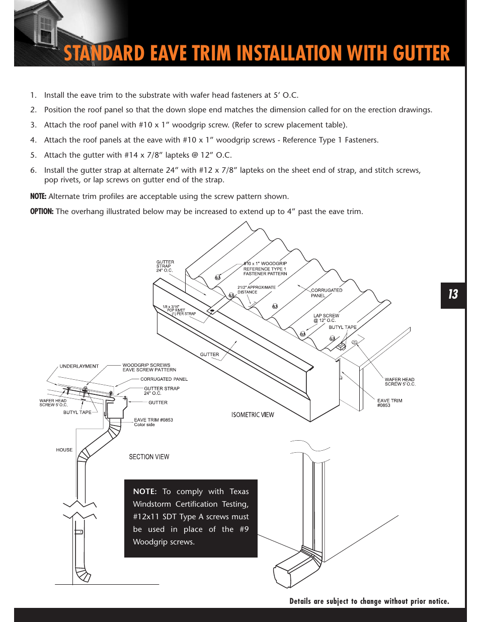 Standard eave trim installation with gutter | Mueller Corrugated Panel User Manual | Page 13 / 24