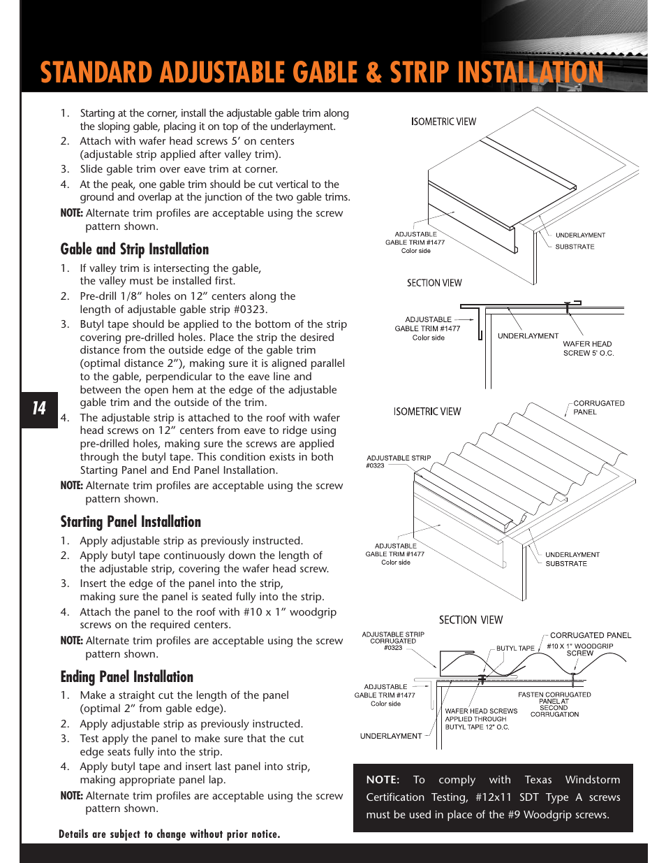 Standard adjustable gable & strip installation, Gable and strip installation, Starting panel installation | Ending panel installation | Mueller Corrugated Panel User Manual | Page 14 / 24