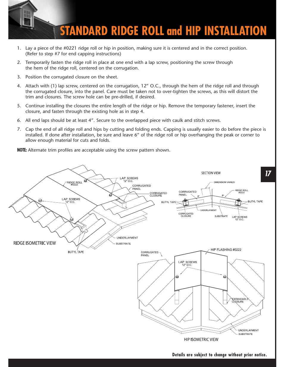 Standard ridge roll and hip installation | Mueller Corrugated Panel User Manual | Page 17 / 24