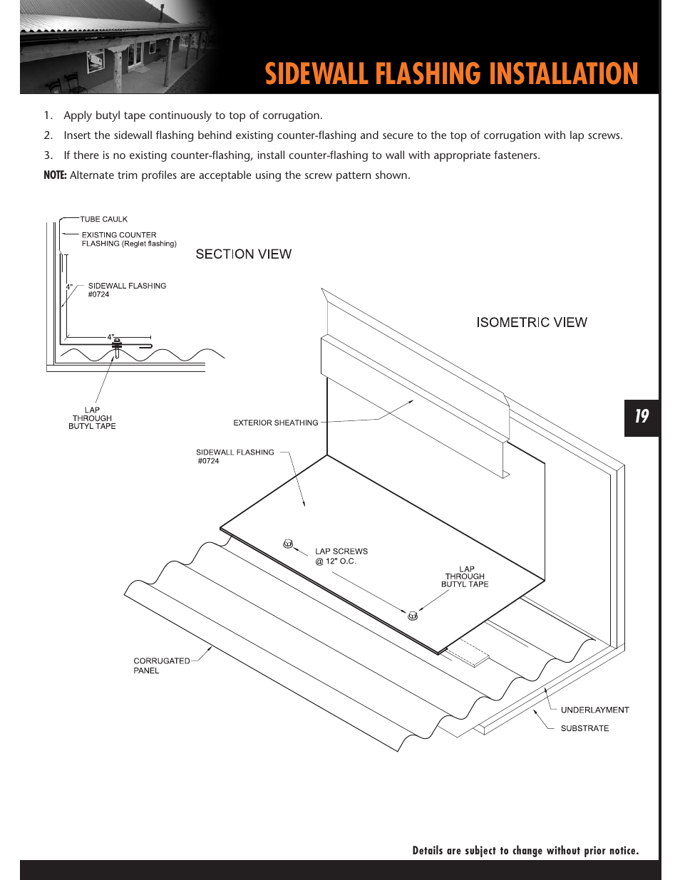 Sidewall flashing installation | Mueller Corrugated Panel User Manual | Page 19 / 24