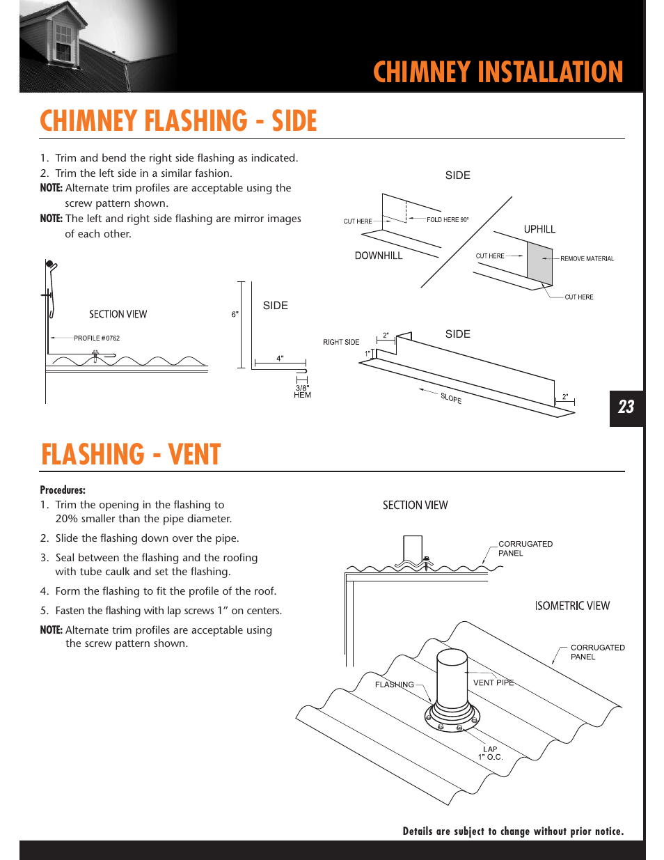 Chimney flashing - side, Chimney installation flashing - vent | Mueller Corrugated Panel User Manual | Page 23 / 24