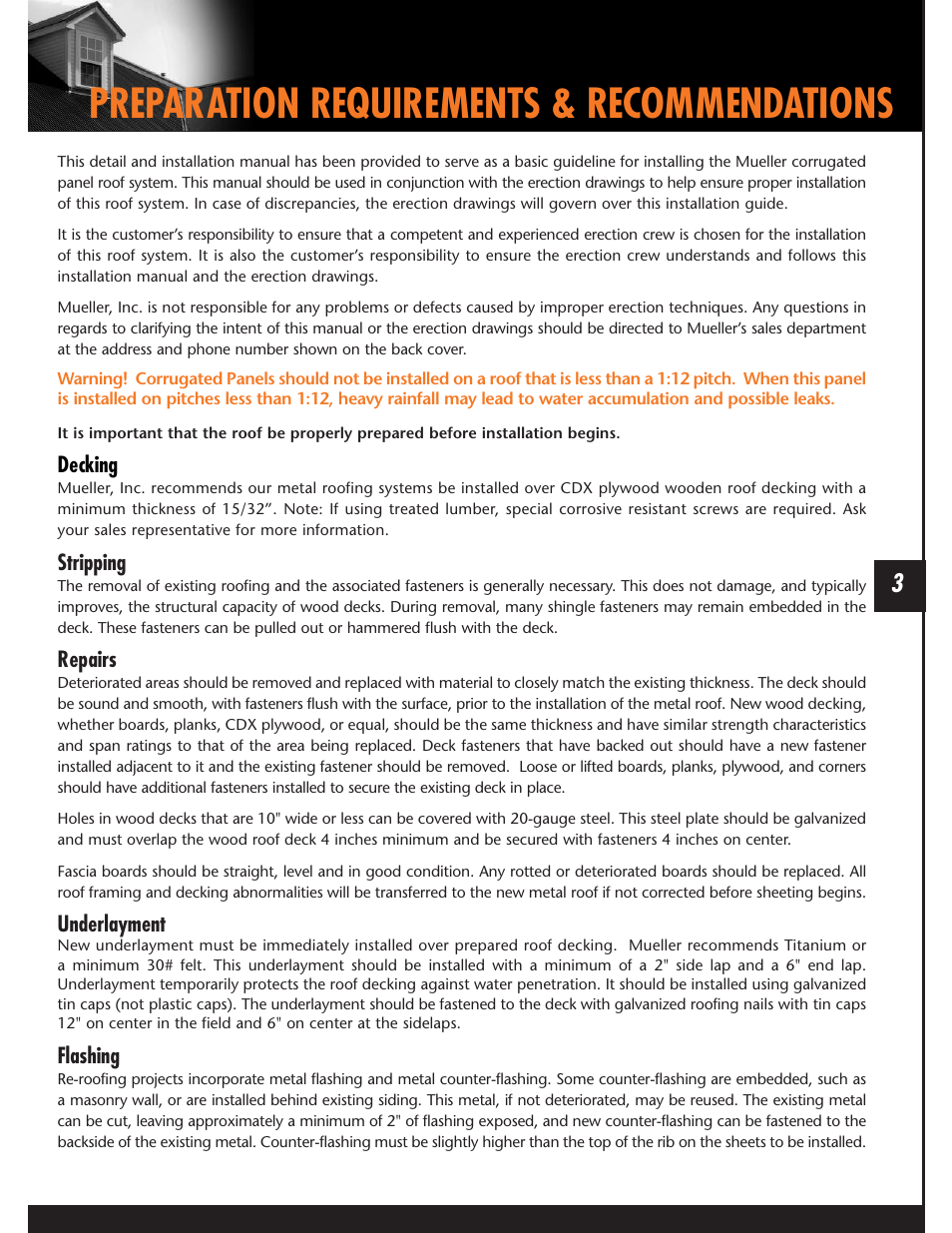 Preparation requirements & recommendations | Mueller Corrugated Panel User Manual | Page 3 / 24