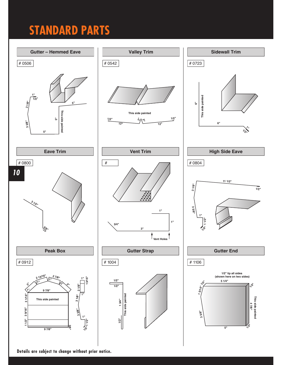 Standard parts, Gutter end, Peak box | Eave trim, High side eave, Sidewall trim, Gutter – hemmed eave, Vent trim, Valley trim | Mueller Snap Lock (MSL) User Manual | Page 10 / 44