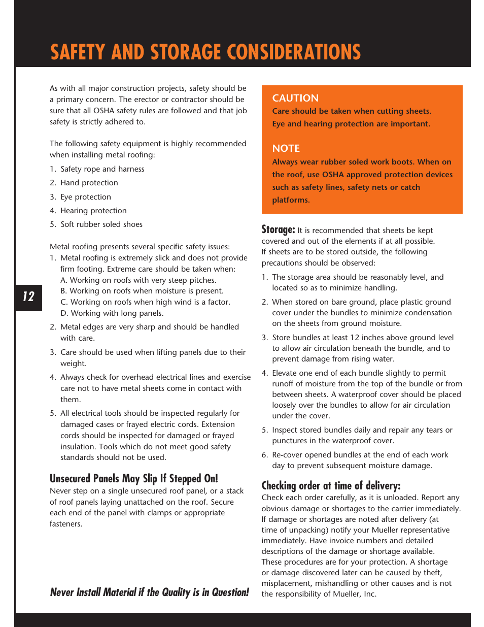 Safety and storage considerations, Unsecured panels may slip if stepped on, Storage | Checking order at time of delivery | Mueller Snap Lock (MSL) User Manual | Page 12 / 44