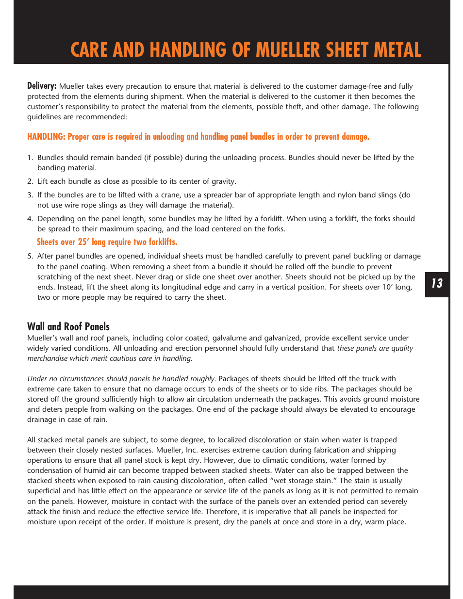 Care and handling of mueller sheet metal, Wall and roof panels | Mueller Snap Lock (MSL) User Manual | Page 13 / 44