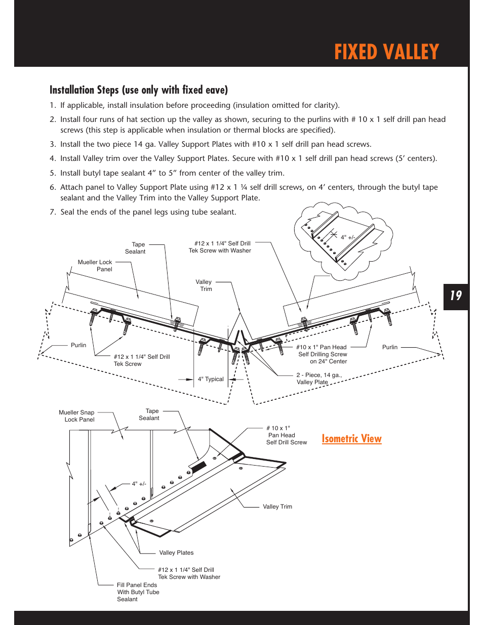 Fixed valley, Installation steps (use only with fixed eave), Isometric view | Mueller Snap Lock (MSL) User Manual | Page 19 / 44
