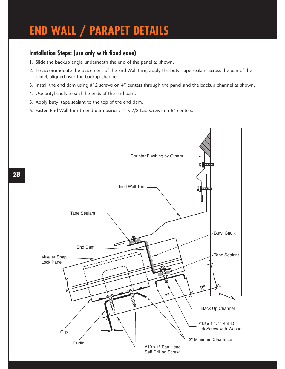 End wall / parapet details, Installation steps: (use only with fixed eave) | Mueller Snap Lock (MSL) User Manual | Page 28 / 44