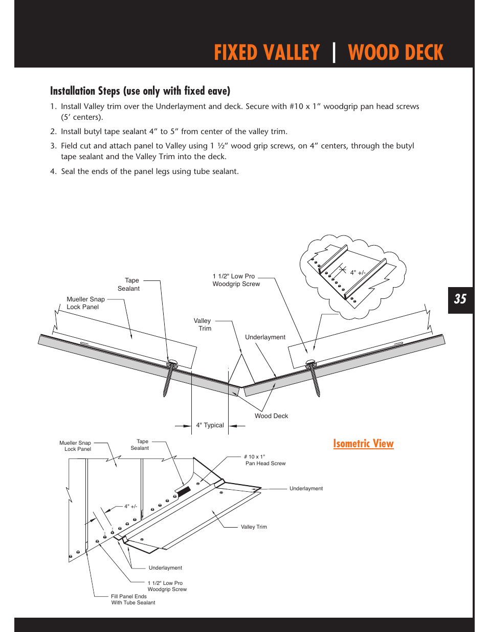 Fixed valley | wood deck, Installation steps (use only with fixed eave), Isometric view | Mueller Snap Lock (MSL) User Manual | Page 35 / 44
