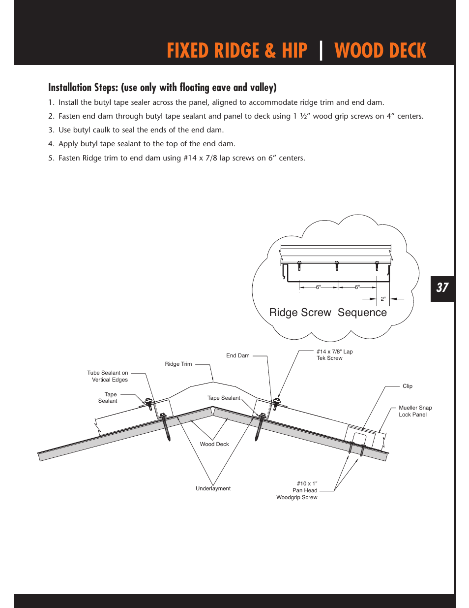 Fixed ridge & hip | wood deck, Ridge screw sequence | Mueller Snap Lock (MSL) User Manual | Page 37 / 44