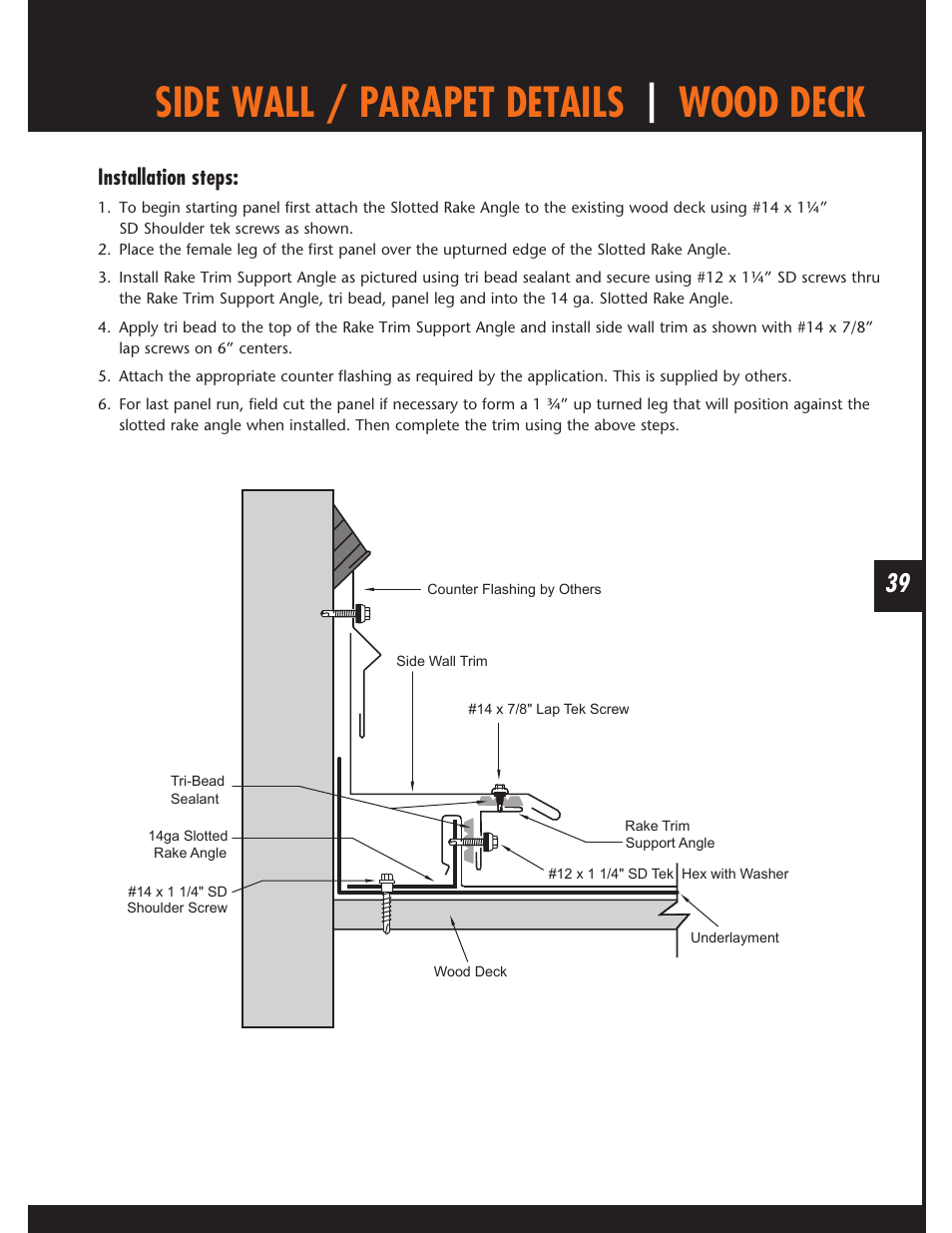 Side wall / parapet details | wood deck, Installation steps | Mueller Snap Lock (MSL) User Manual | Page 39 / 44