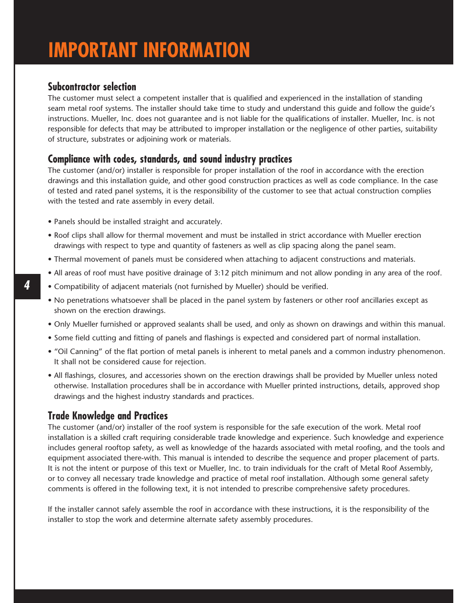 Important information, Subcontractor selection, Trade knowledge and practices | Mueller Snap Lock (MSL) User Manual | Page 4 / 44
