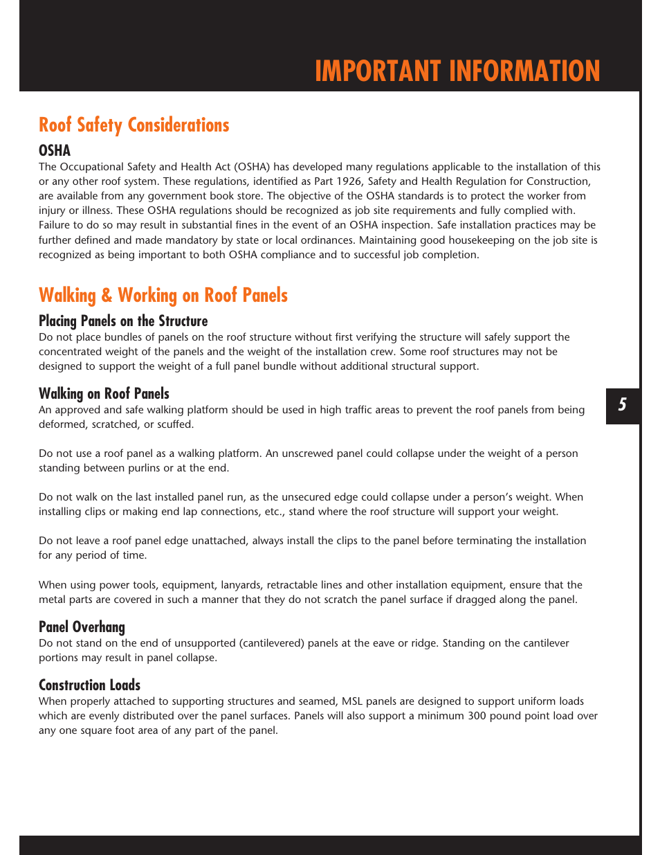 Important information, Roof safety considerations, Walking & working on roof panels | Mueller Snap Lock (MSL) User Manual | Page 5 / 44