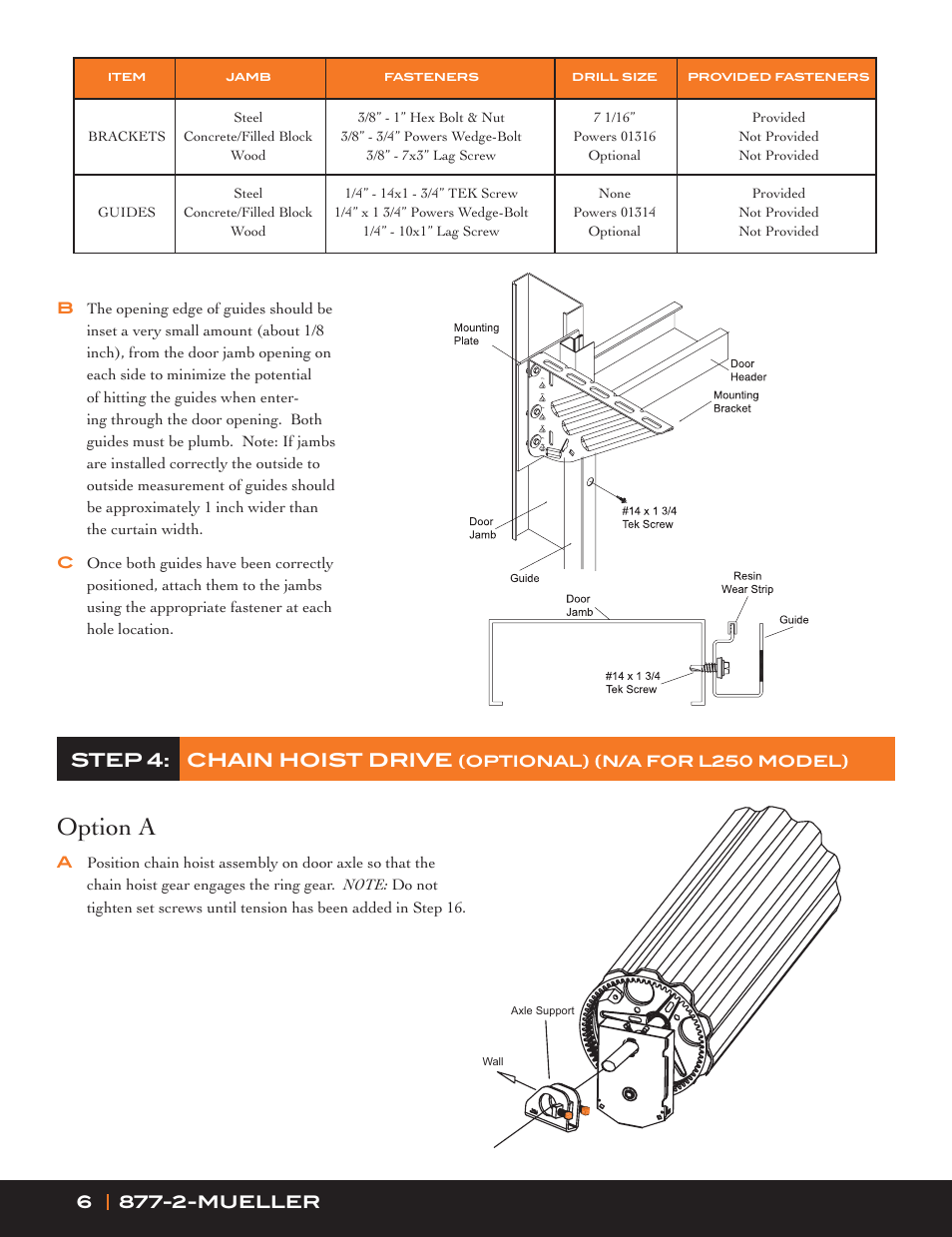 Option a, Step 4: chain hoist drive | Mueller Roll-Up Door C250 User Manual | Page 6 / 16