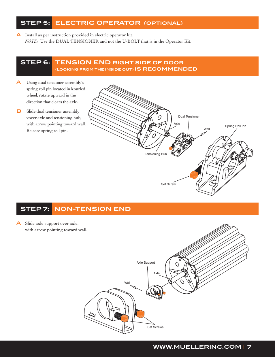 Step 7: non-tension end step 5: electric operator, Step 6: tension end, Step 7: non-tension end | Mueller Roll-Up Door C250 User Manual | Page 7 / 16