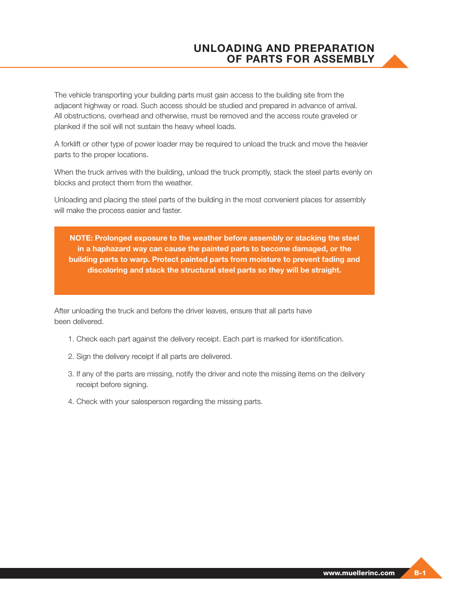 Unloading and preparation of parts for assembly | Mueller Pre-Fab User Manual | Page 13 / 112